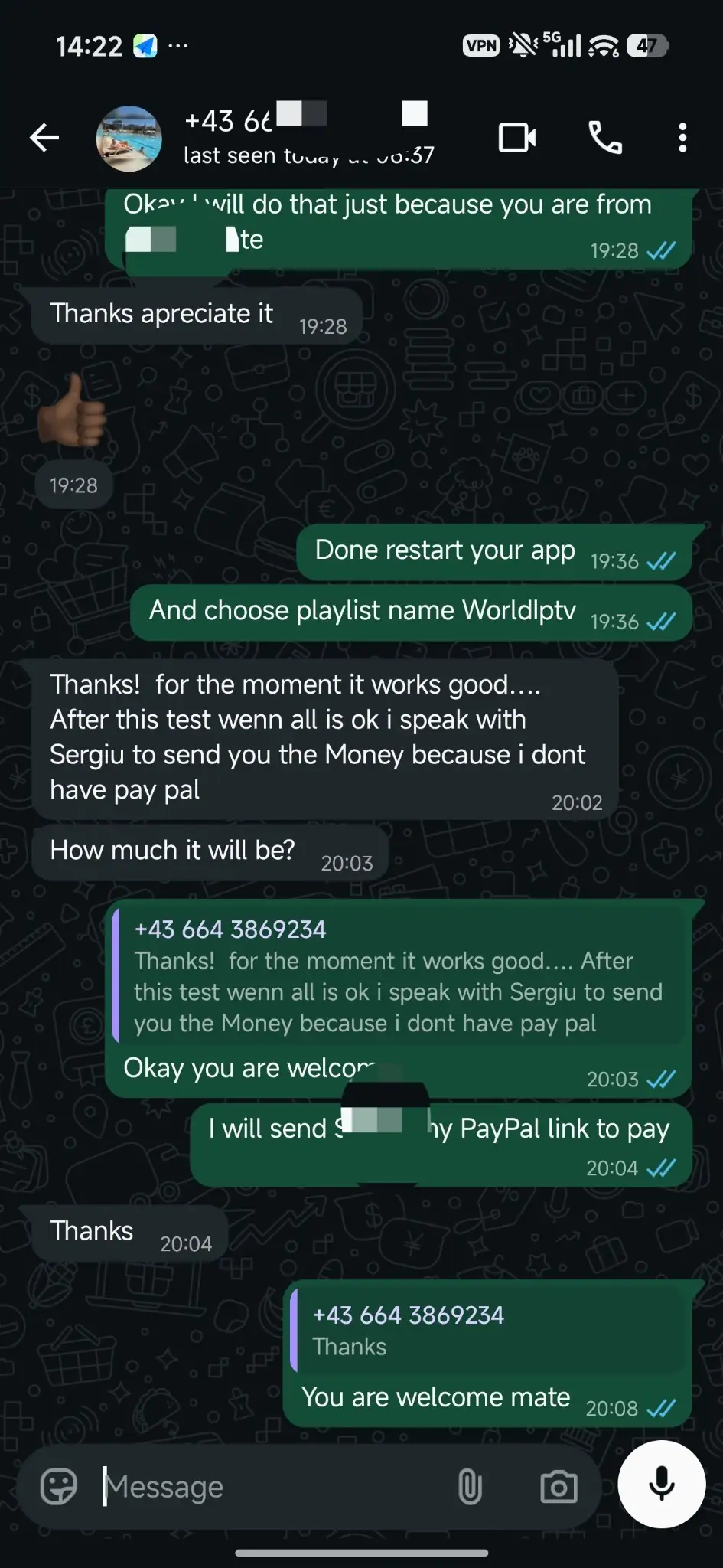 World IPTV verified WhatsApp customer proof 5